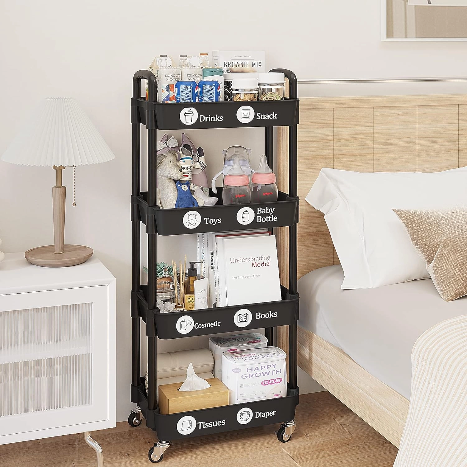 UDEAR 4-Tier Rolling Utility Cart with 12 Category Labels,Multifunctional Storage Shelves with Handle and Lockable Wheels for Room,Office,Kitchen,Bathroom,Black