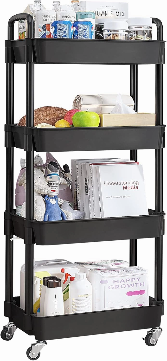 UDEAR 4-Tier Rolling Utility Cart with 12 Category Labels,Multifunctional Storage Shelves with Handle and Lockable Wheels for Room,Office,Kitchen,Bathroom,Black