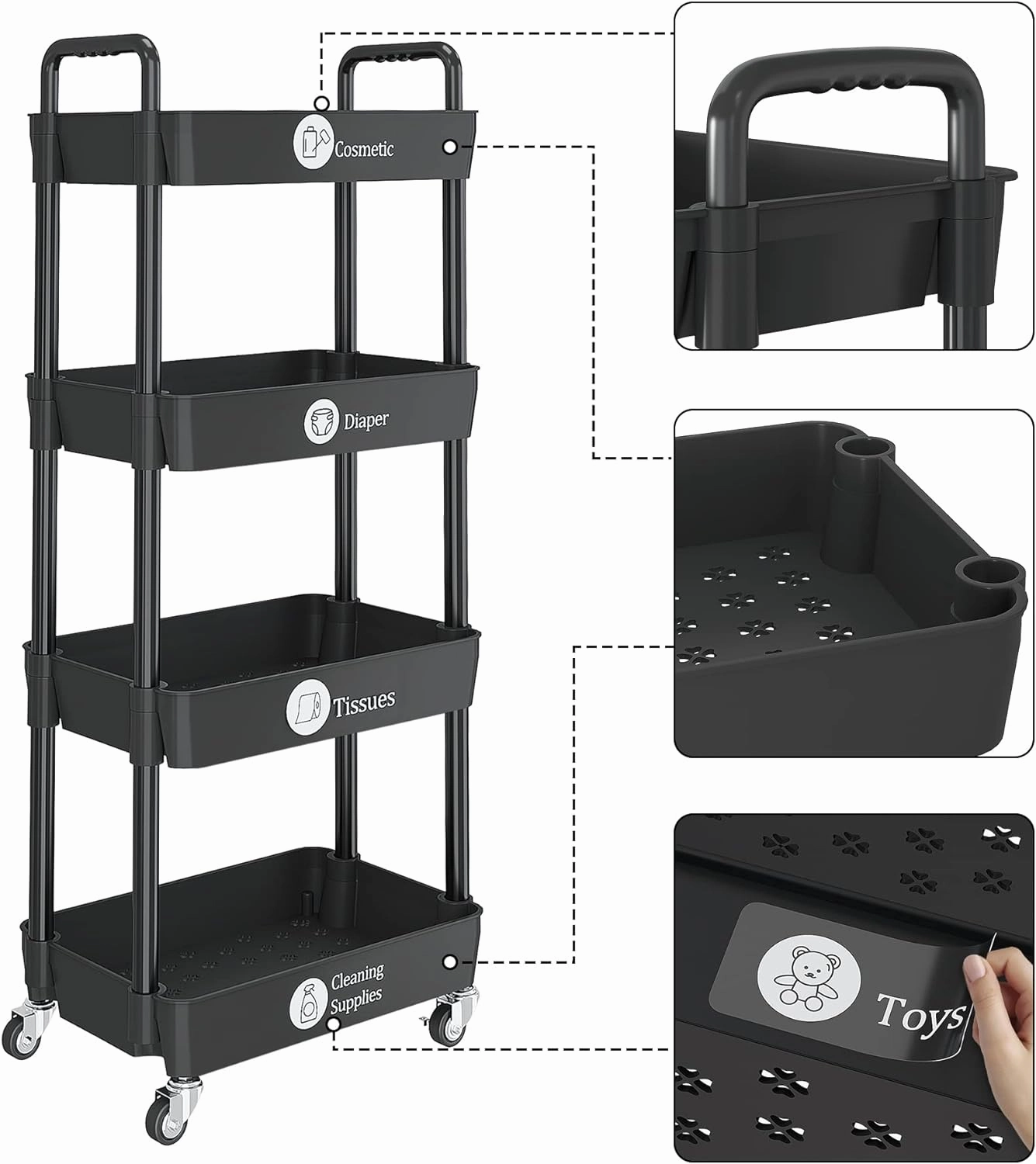 UDEAR 4-Tier Rolling Utility Cart with 12 Category Labels,Multifunctional Storage Shelves with Handle and Lockable Wheels for Room,Office,Kitchen,Bathroom,Black