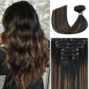 Ukira Balayage Clip in Hair Extensions Real Human Hair, 20 Inch 120g 7pcs Ombre Hair Extensions Natural Black to Chestnut Brown, Natural Straight Remy Human Hair Clip in Extensions for Women