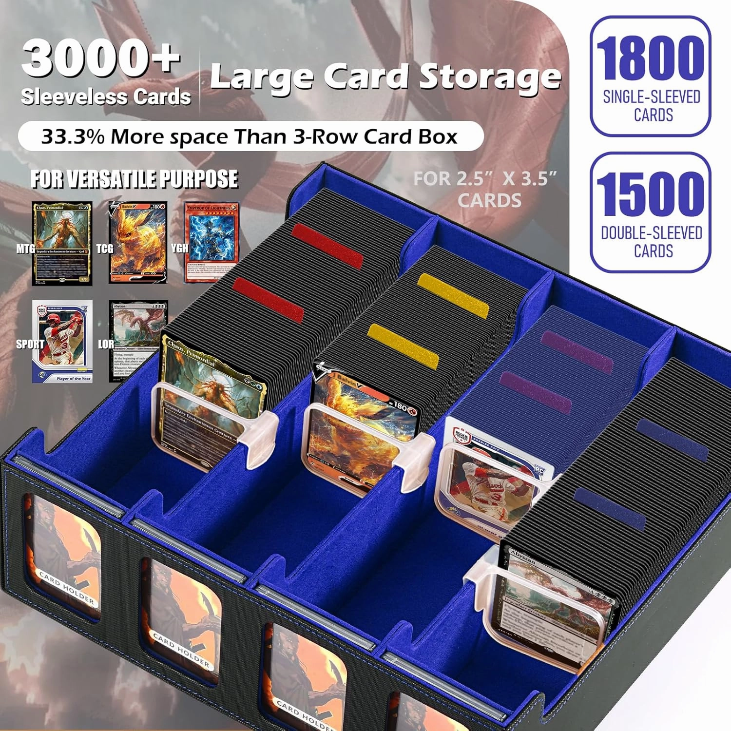 Ultra-Capacity 4-Row Trading Card Storage Box with Commander Display - Holds 3000  Cards with 12 Dividers & 4 Card Holders, PU Leather Deck Box MTG, Deck Box TCG YuGiOh, Sports Cards