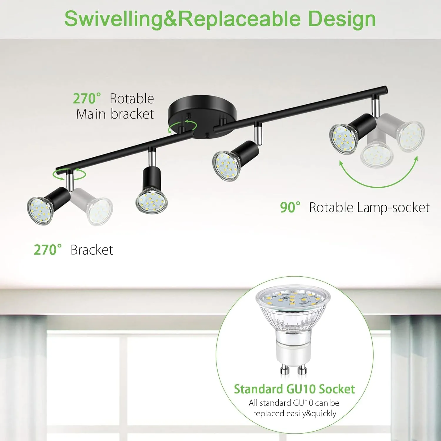 Unicozin LED 4 Light Track Lighting Kit, Black, Ceiling Spot Light, 4 x LED GU10 Bulb (4W, Daylight White, 500K, 400LM)