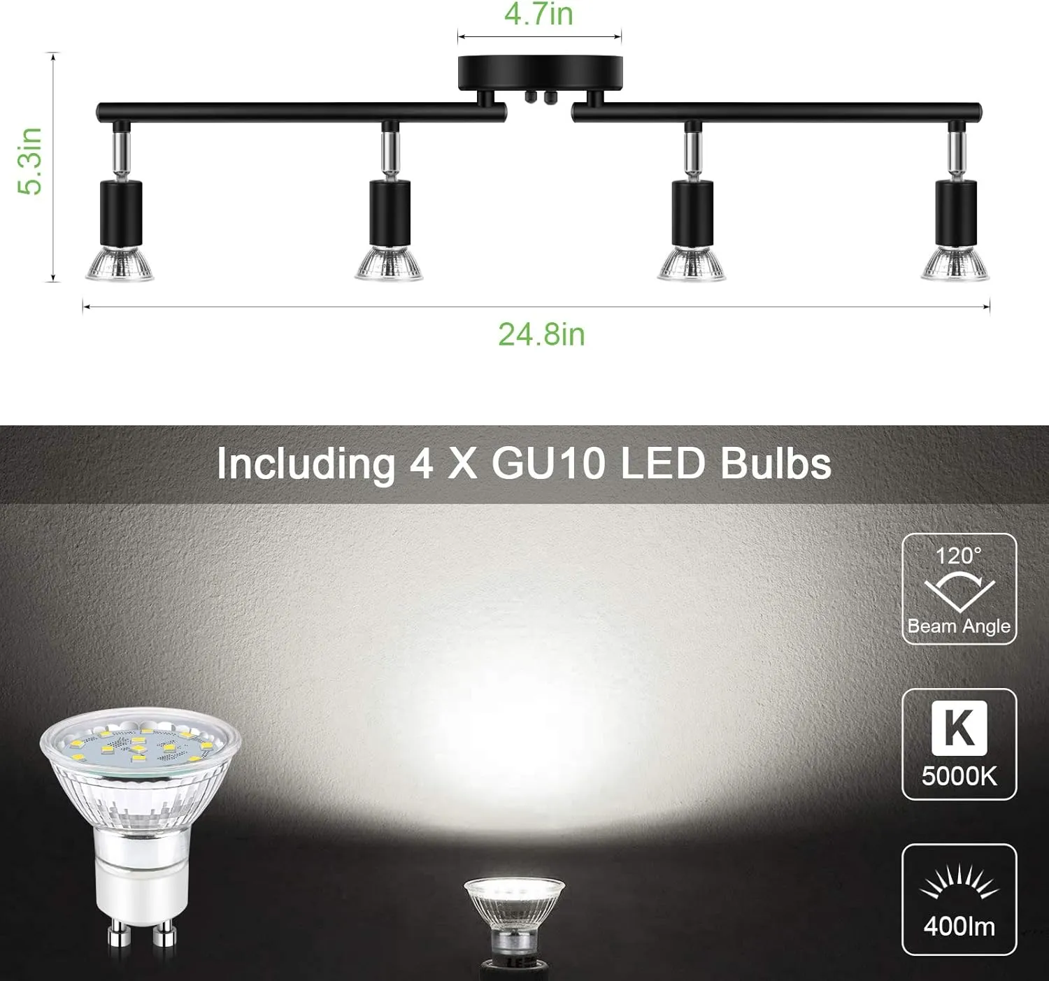 Unicozin LED 4 Light Track Lighting Kit, Black, Ceiling Spot Light, 4 x LED GU10 Bulb (4W, Daylight White, 500K, 400LM)