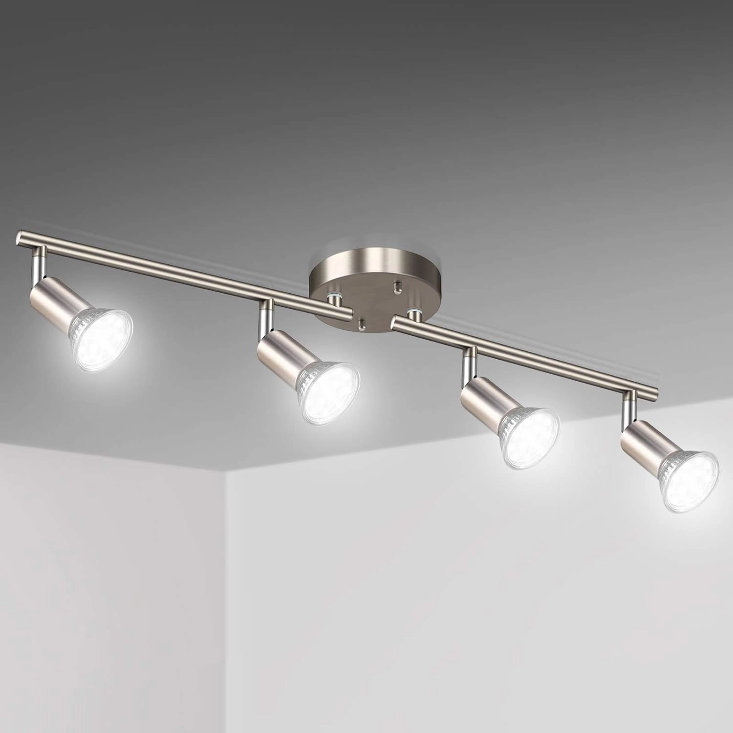 Unicozin LED 4 Light Track Kit, Matt Nickel 4-Way Ceiling Spot Lights, Flexibly Rotatable Heads, Modern Track Light Included - 4 x LED GU10 Bulbs (4W, Daylight White 5000K, 400lm)