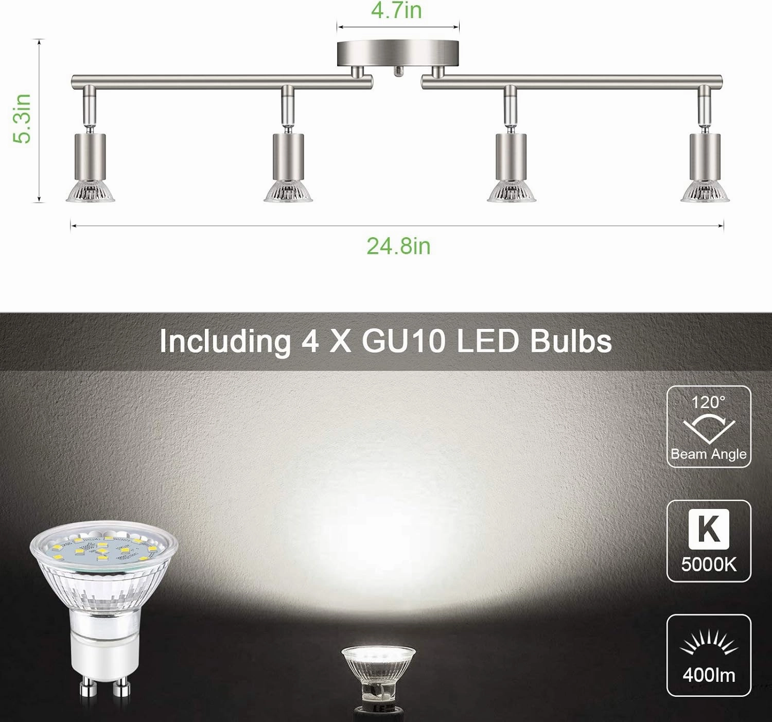 Unicozin LED 4 Light Track Kit, Matt Nickel 4-Way Ceiling Spot Lights, Flexibly Rotatable Heads, Modern Track Light Included - 4 x LED GU10 Bulbs (4W, Daylight White 5000K, 400lm)