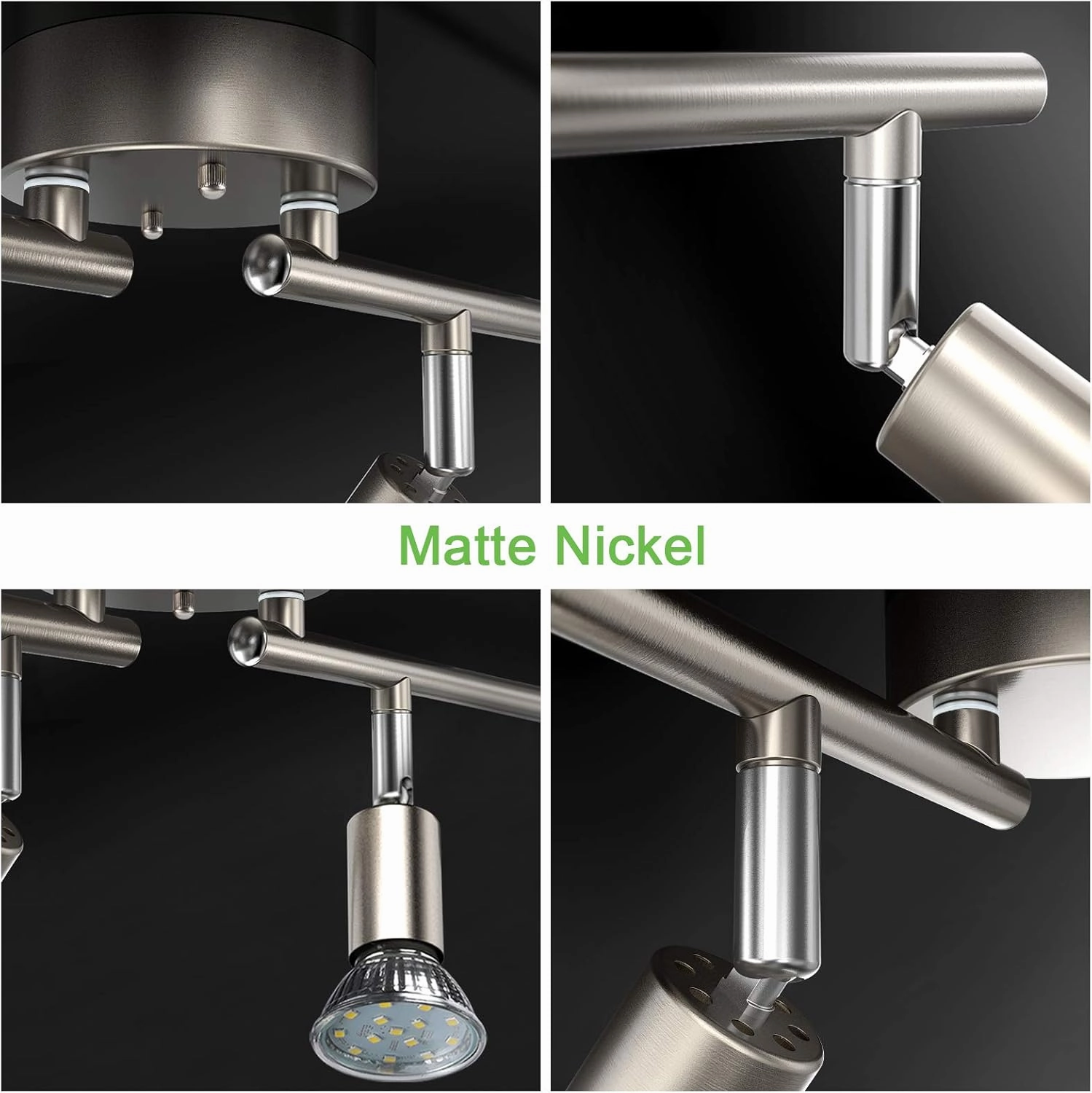 Unicozin LED 4 Light Track Kit, Matt Nickel 4-Way Ceiling Spot Lights, Flexibly Rotatable Heads, Modern Track Light Included - 4 x LED GU10 Bulbs (4W, Daylight White 5000K, 400lm)