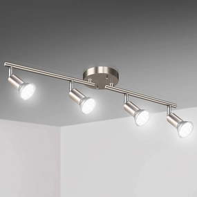 Unicozin LED 4 Light Track Kit, Matt Nickel 4-Way Ceiling Spot Lights, Flexibly Rotatable Heads, Modern Track Light Included - 4 x LED GU10 Bulbs (4W, Daylight White 5000K, 400lm)