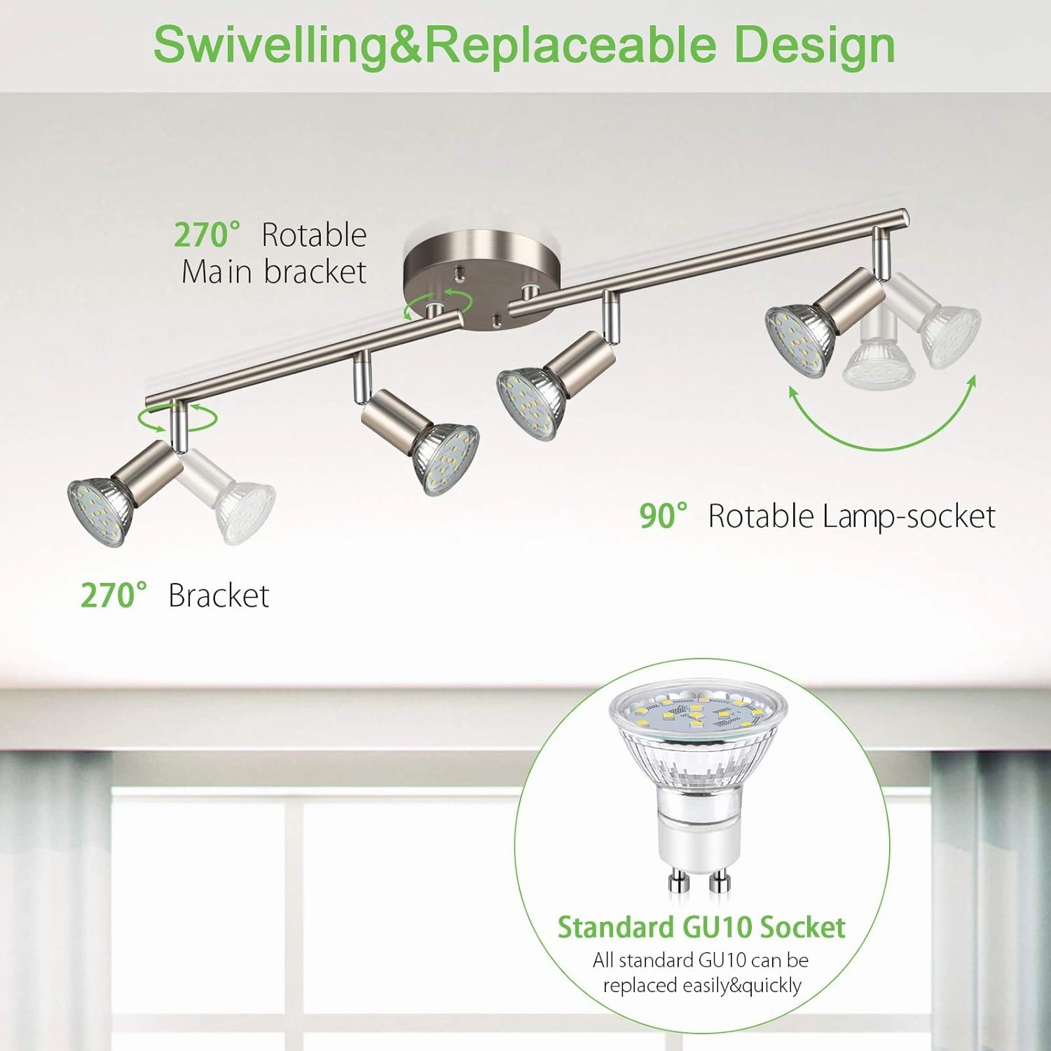 Unicozin LED 4 Light Track Kit, Matt Nickel 4-Way Ceiling Spot Lights, Flexibly Rotatable Heads, Modern Track Light Included - 4 x LED GU10 Bulbs (4W, Daylight White 5000K, 400lm)