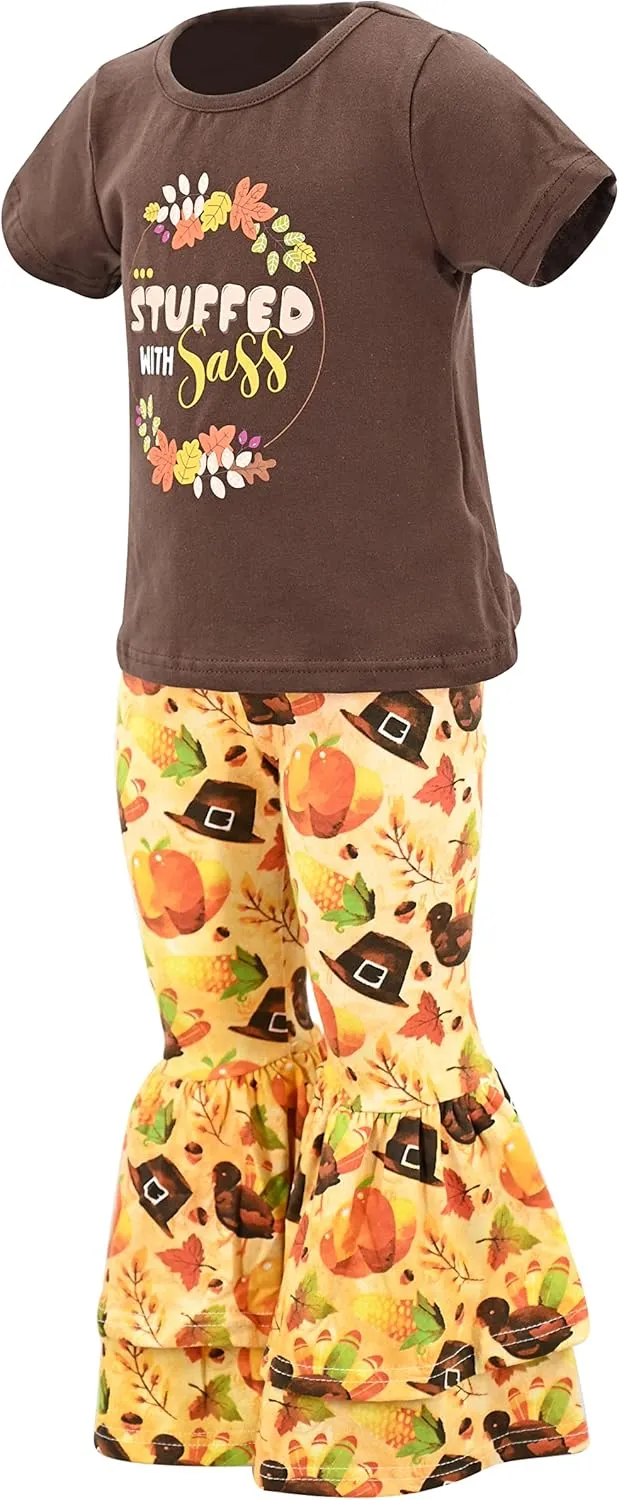 Unique Baby 2 Piece Girls Double Bell Bottom Leggings Outfit with Short Sleeved Shirt Kid and Toddler Clothes Set
