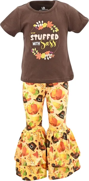Unique Baby 2 Piece Girls Double Bell Bottom Leggings Outfit with Short Sleeved Shirt Kid and Toddler Clothes Set
