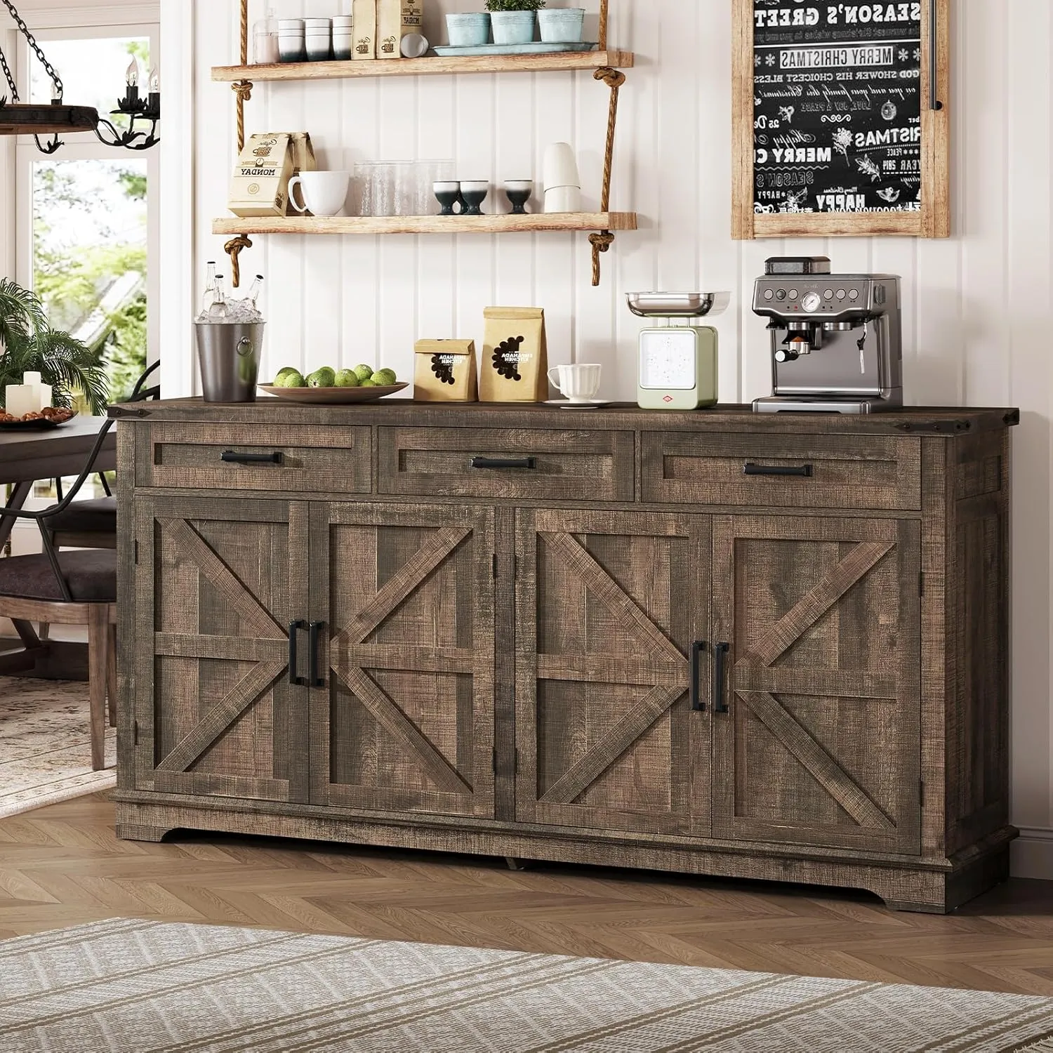 usikey Buffet Cabinet, 63” Large Sideboard Buffet Storage Cabinet with 3 Drawers, Farmhouse Coffee Bar with 4 Doors, Buffet Table for Kitchen, Living Room, Antique Oak