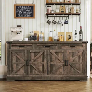 usikey Buffet Cabinet, 63” Large Sideboard Buffet Storage Cabinet with 3 Drawers, Farmhouse Coffee Bar with 4 Doors, Buffet Table for Kitchen, Living Room, Antique Oak