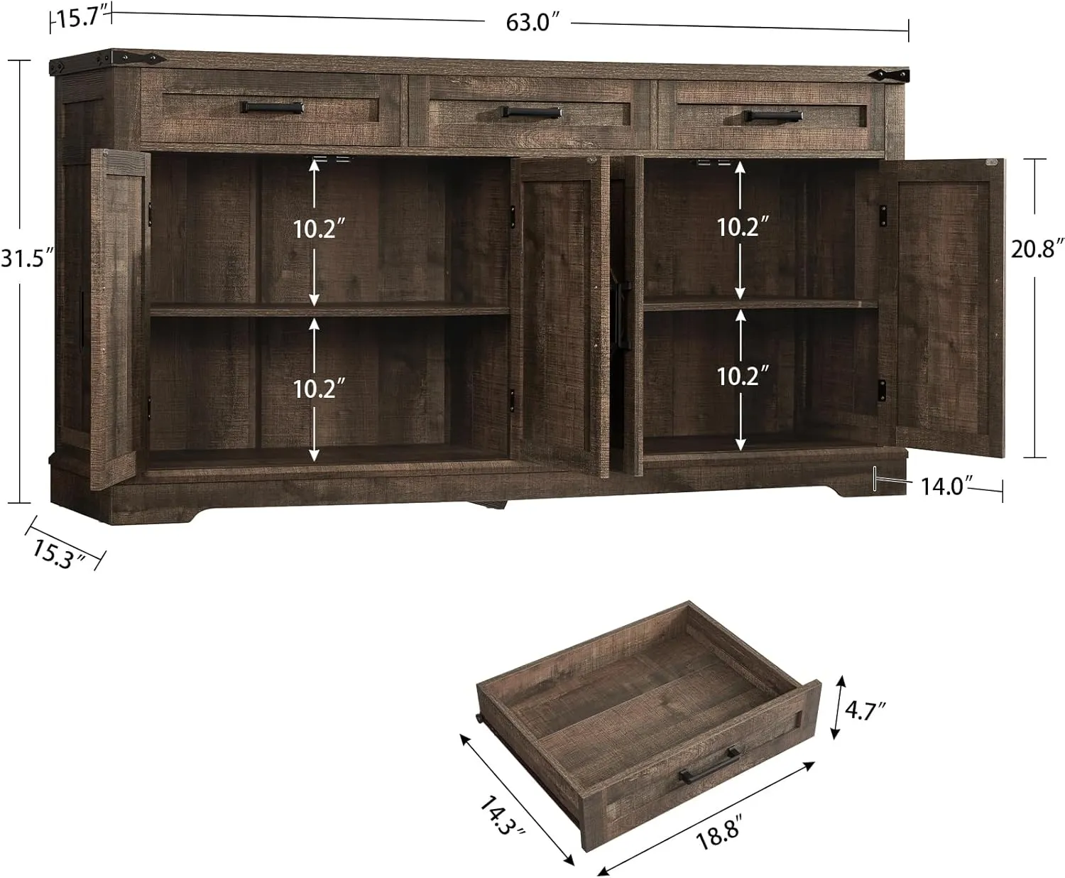 usikey Buffet Cabinet, 63” Large Sideboard Buffet Storage Cabinet with 3 Drawers, Farmhouse Coffee Bar with 4 Doors, Buffet Table for Kitchen, Living Room, Antique Oak