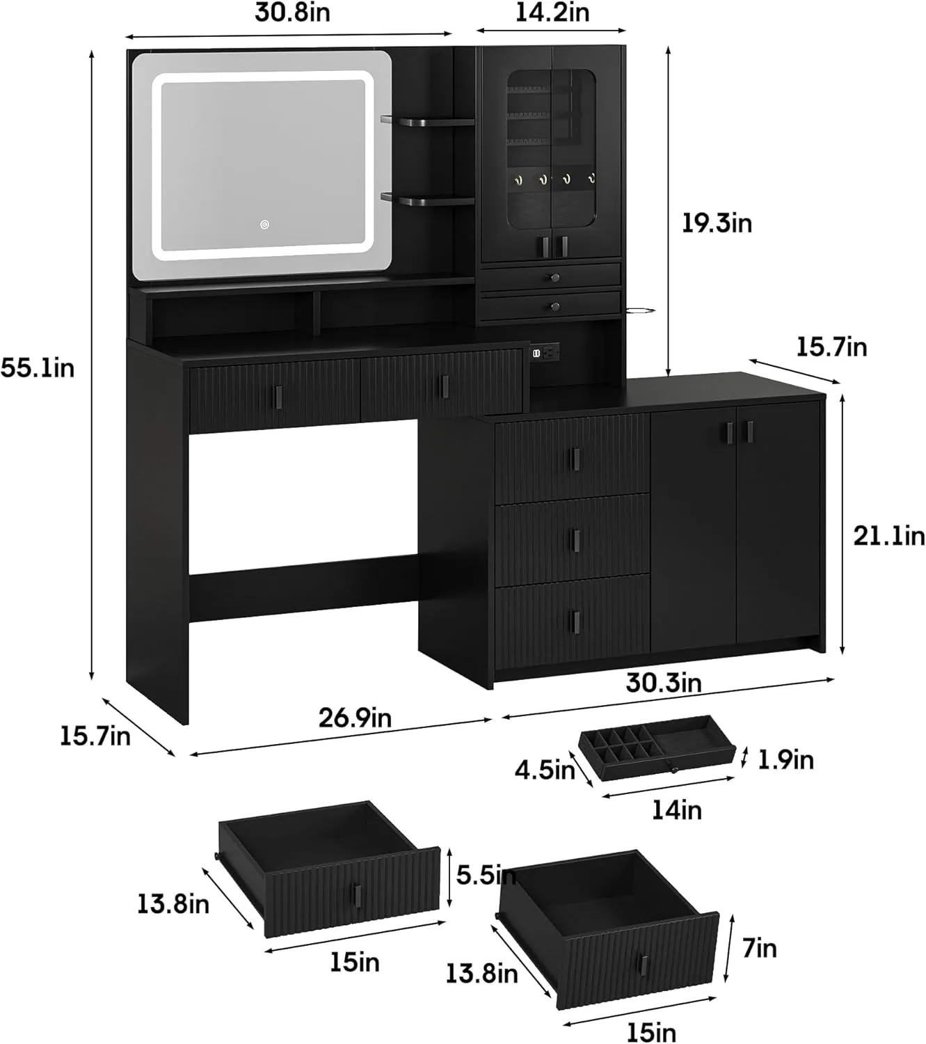 Vabches 57" Large Vanity Desk with Mirror and Lights,Makeup Vanity Table with Jewelry Cabinet & 7 Drawers,Modern Dressing Table with Charing Sation & Shelves,for Bedroom,Black