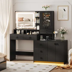 Vabches 57" Large Vanity Desk with Mirror and Lights,Makeup Vanity Table with Jewelry Cabinet & 7 Drawers,Modern Dressing Table with Charing Sation & Shelves,for Bedroom,Black