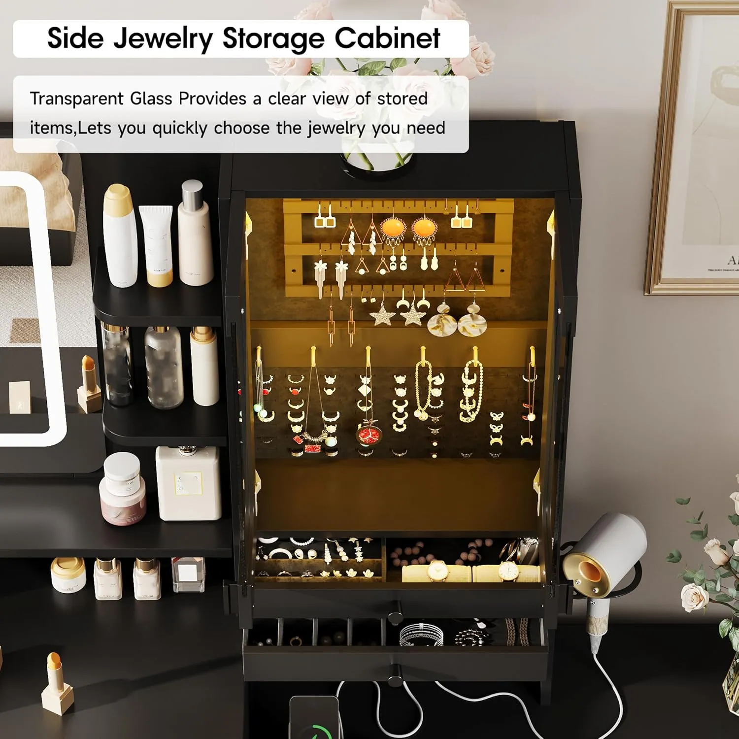 Vabches 57" Large Vanity Desk with Mirror and Lights,Makeup Vanity Table with Jewelry Cabinet & 7 Drawers,Modern Dressing Table with Charing Sation & Shelves,for Bedroom,Black