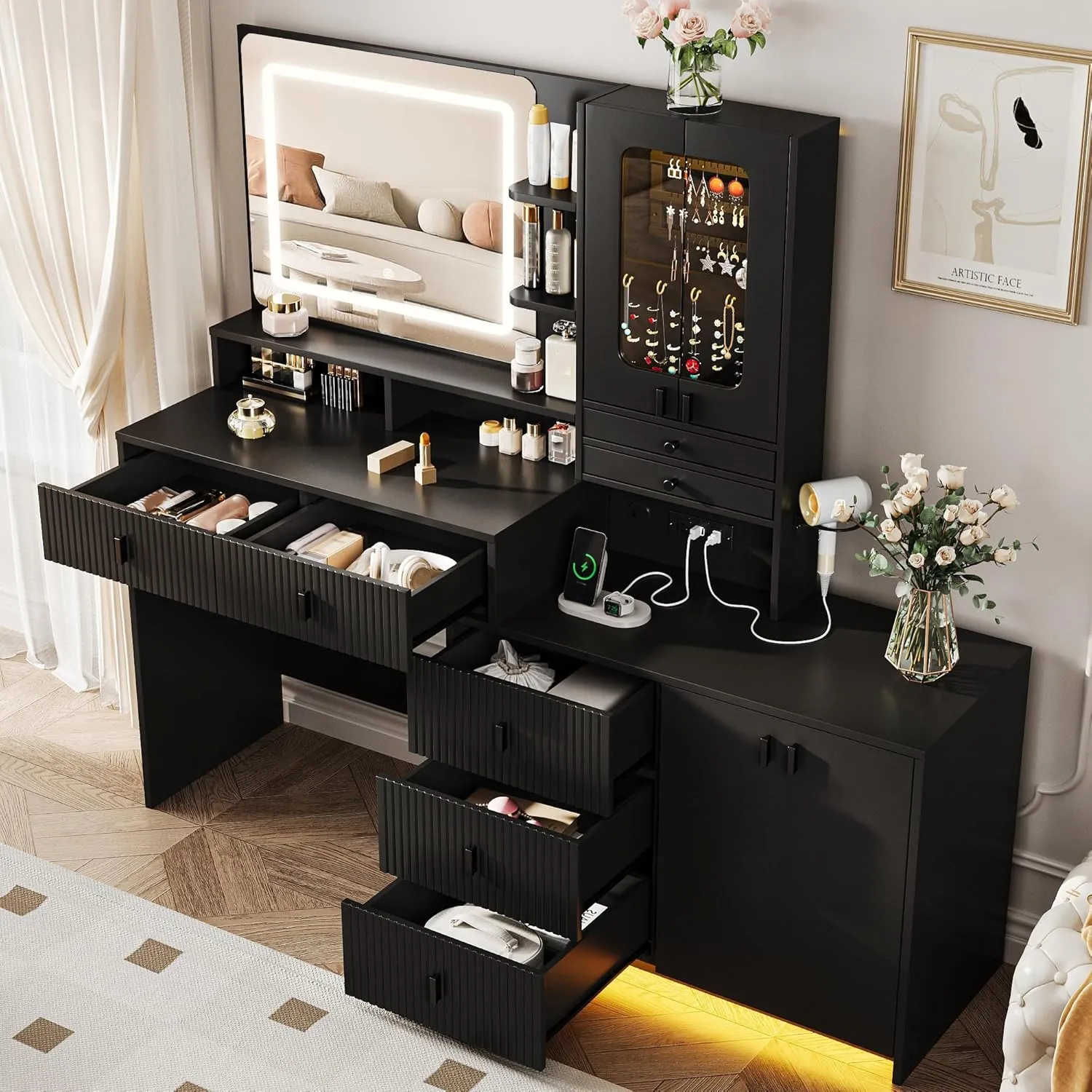 Vabches 57" Large Vanity Desk with Mirror and Lights,Makeup Vanity Table with Jewelry Cabinet & 7 Drawers,Modern Dressing Table with Charing Sation & Shelves,for Bedroom,Black
