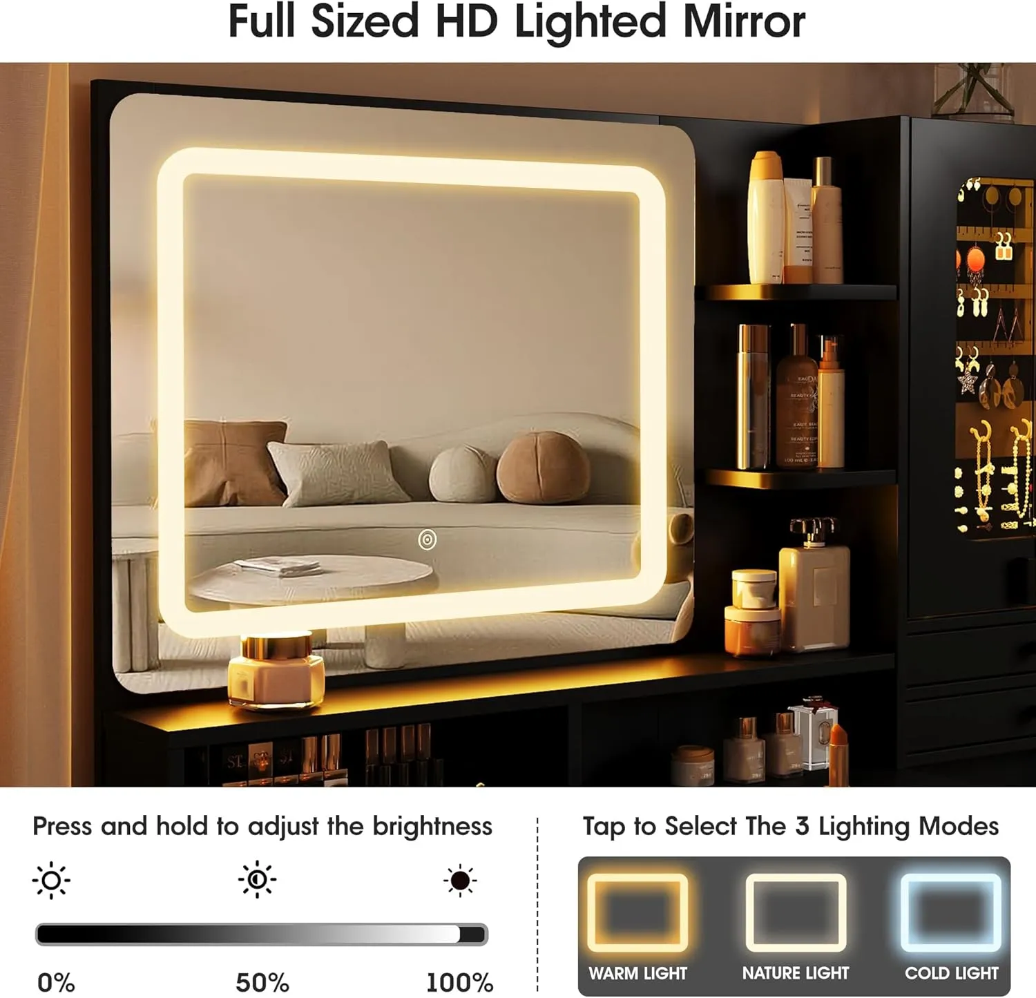Vabches 57" Large Vanity Desk with Mirror and Lights,Makeup Vanity Table with Jewelry Cabinet & 7 Drawers,Modern Dressing Table with Charing Sation & Shelves,for Bedroom,Black