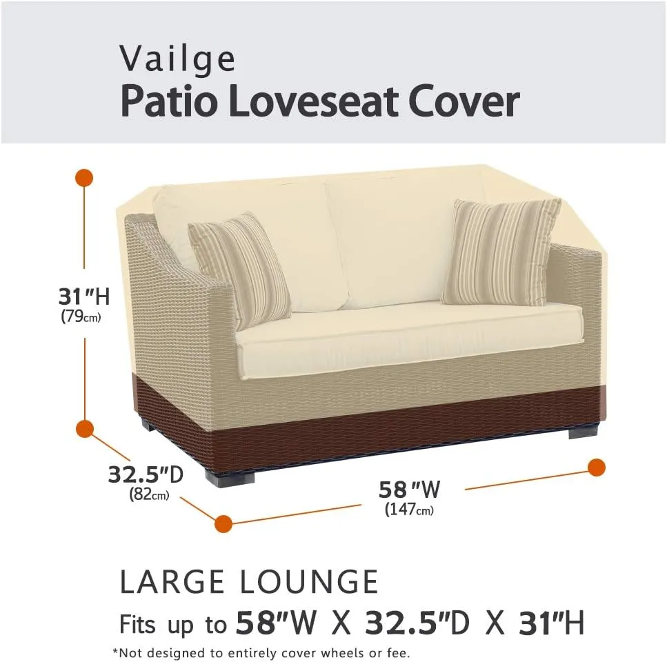 Vailge 2-Seater Heavy Duty Patio Bench Loveseat Cover, 100% Waterproof Outdoor Sofa Cover, Lawn Patio Furniture Covers with Air Vent, Small(Standard), Beige & Brown