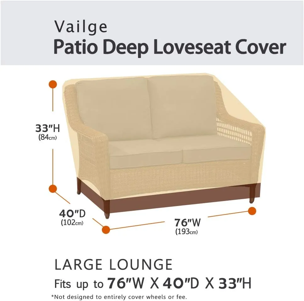 VAILGE 2-Seater Heavy Duty Patio Deep Bench Loveseat Cover,100% Waterproof Outdoor Deep Sofa Cover, Lawn Patio Furniture Covers with Air Vent, Medium (Deep), Beige & Brown