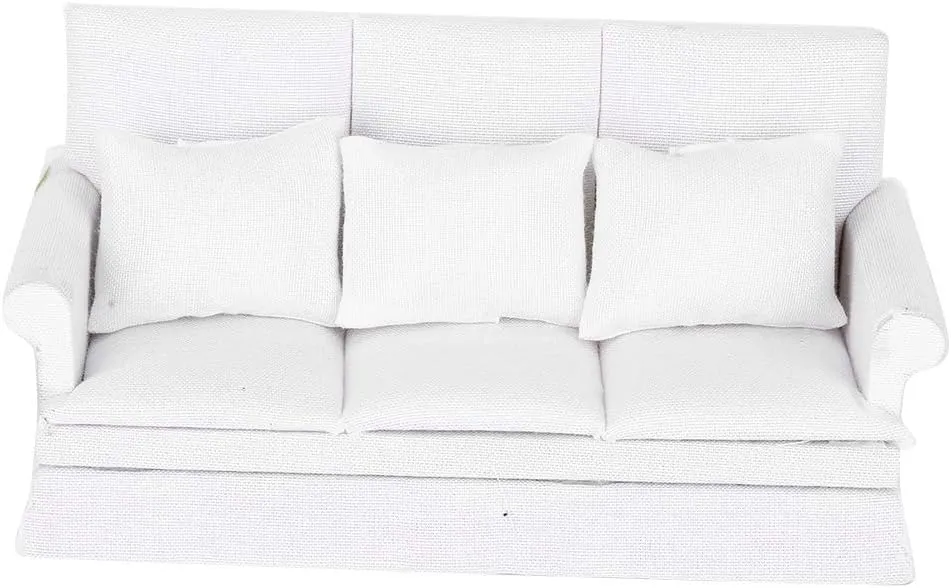 Vakitar 1:12 Doll House Mini Sofa with 3pcs Pillow Living Room Furniture Wooden Doll House for Your Mini Dollhouse Furniture(White)
