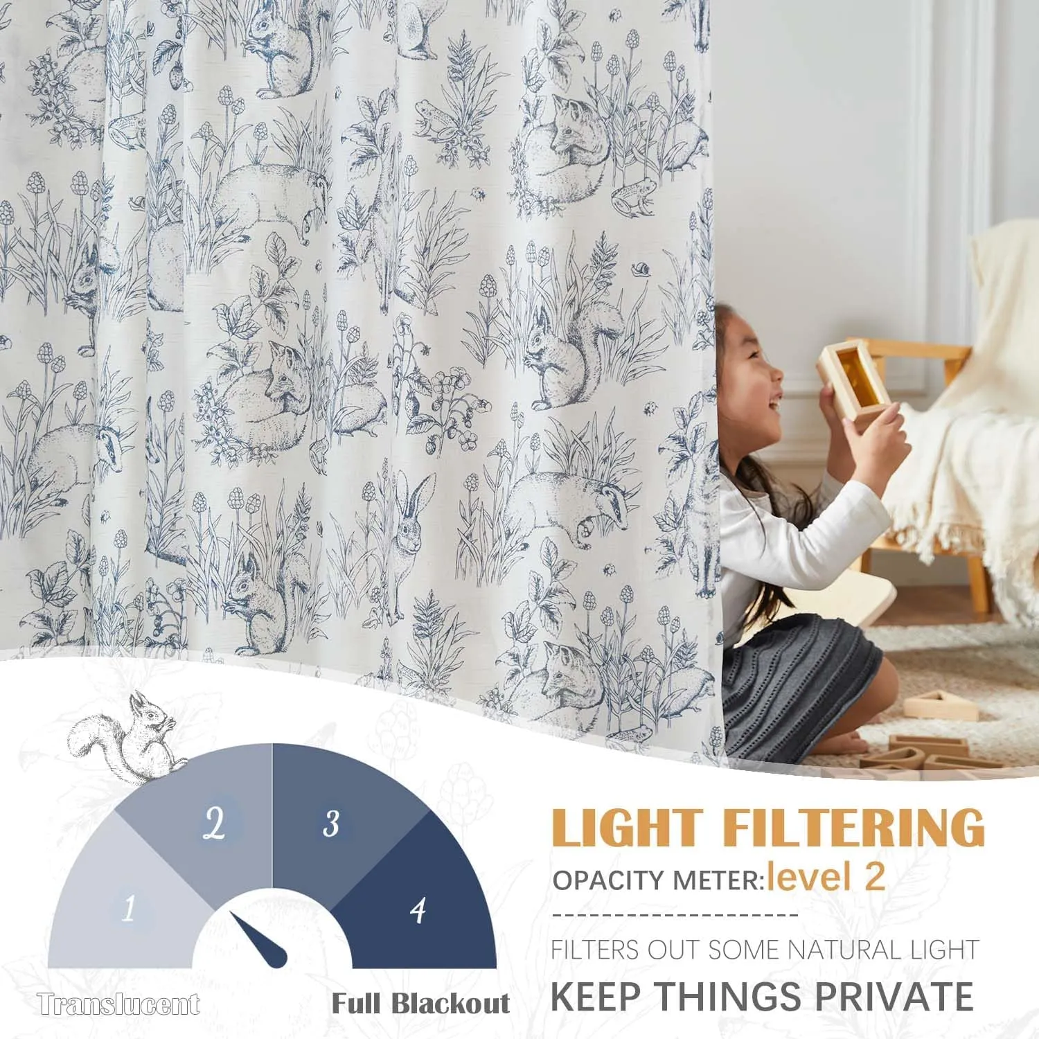 Vangao Blue Nursery Curtains for Kid's Room Linen Blend Curtains 84 Inch Long Farmhouse Drapes with Bunny Woodland Wildlife Print Light Filtering French Country Forest Design 2 Panels