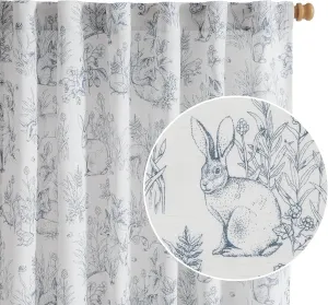 Vangao Blue Nursery Curtains for Kid's Room Linen Blend Curtains 84 Inch Long Farmhouse Drapes with Bunny Woodland Wildlife Print Light Filtering French Country Forest Design 2 Panels