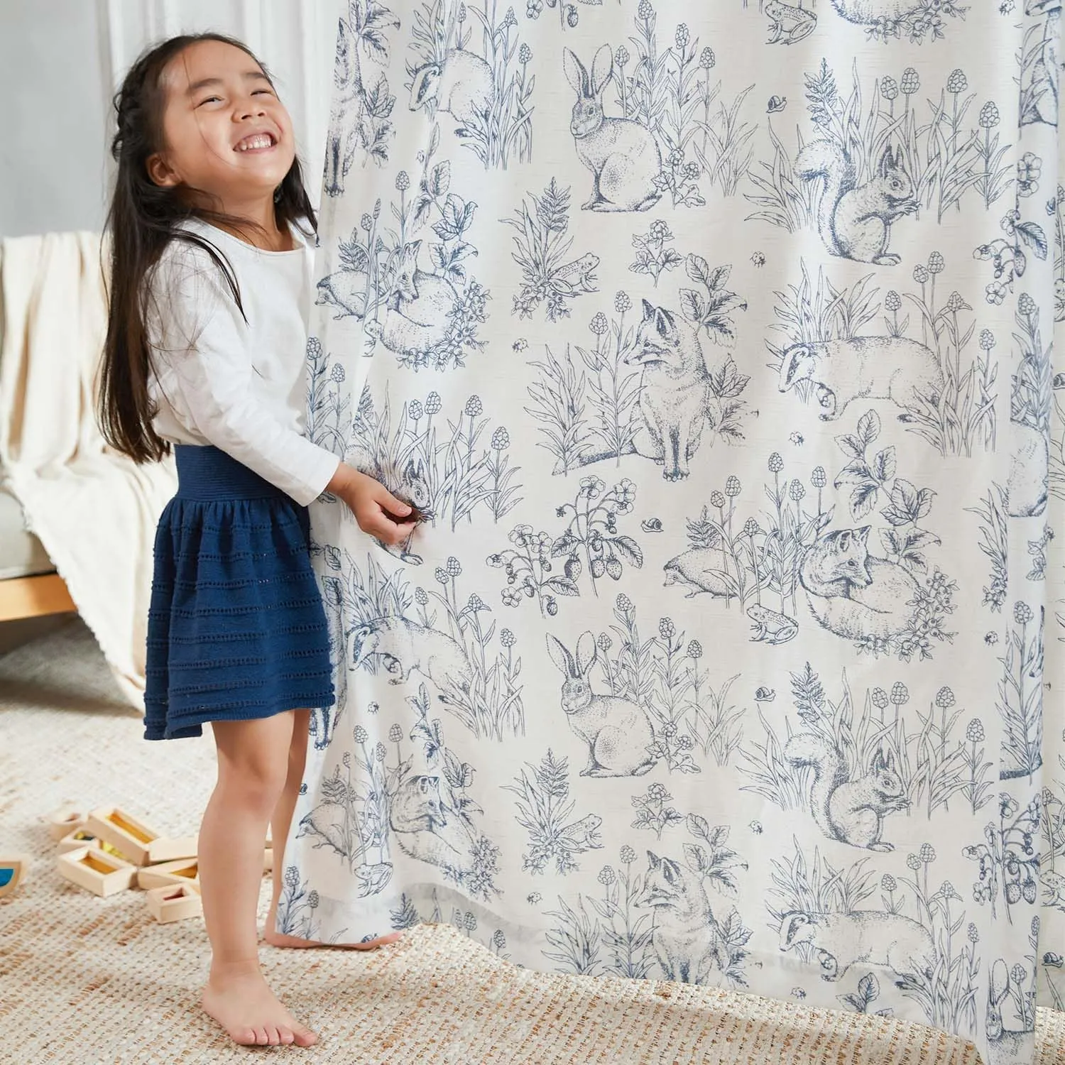 Vangao Blue Nursery Curtains for Kid's Room Linen Blend Curtains 84 Inch Long Farmhouse Drapes with Bunny Woodland Wildlife Print Light Filtering French Country Forest Design 2 Panels