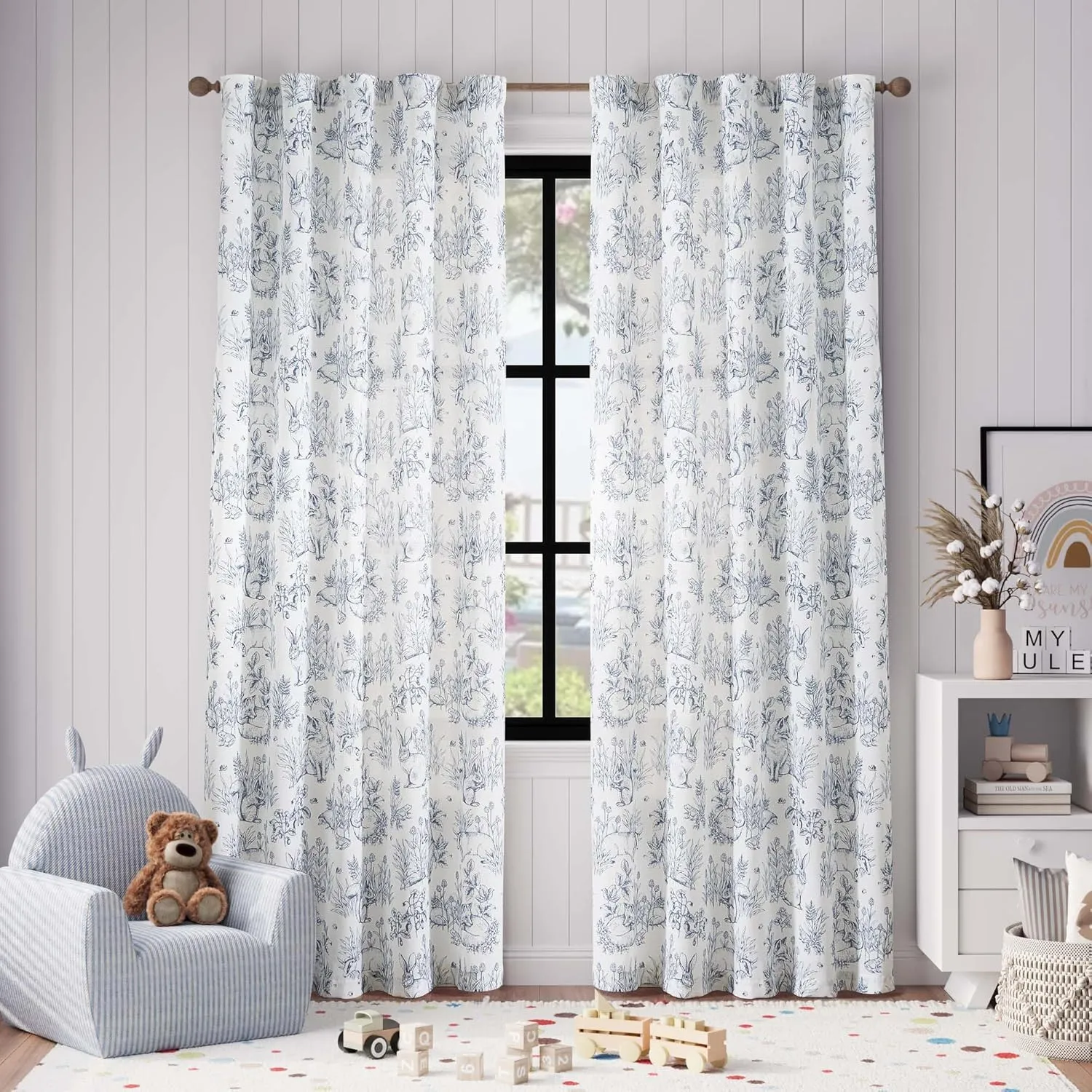 Vangao Blue Nursery Curtains for Kid's Room Linen Blend Curtains 84 Inch Long Farmhouse Drapes with Bunny Woodland Wildlife Print Light Filtering French Country Forest Design 2 Panels