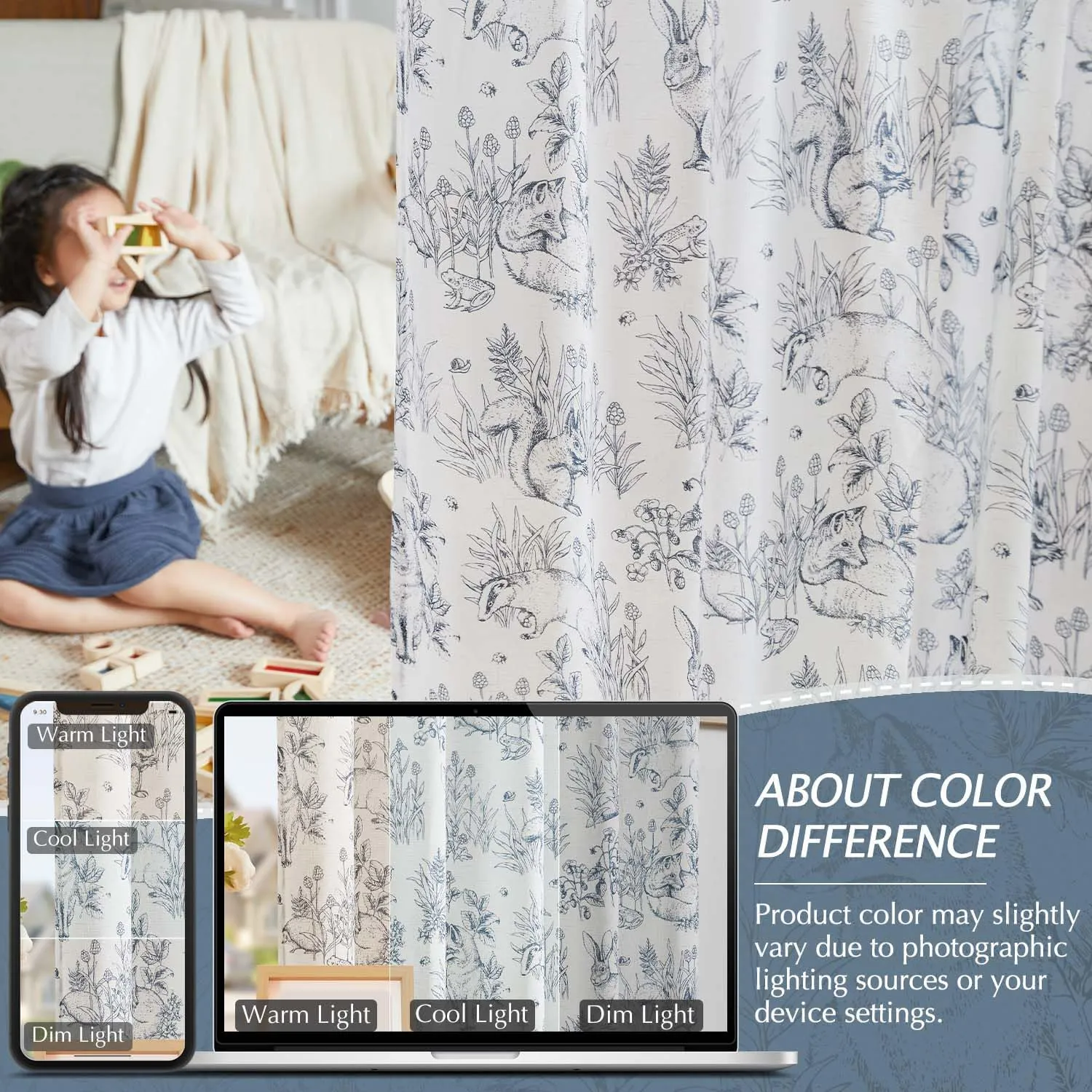 Vangao Blue Nursery Curtains for Kid's Room Linen Blend Curtains 84 Inch Long Farmhouse Drapes with Bunny Woodland Wildlife Print Light Filtering French Country Forest Design 2 Panels