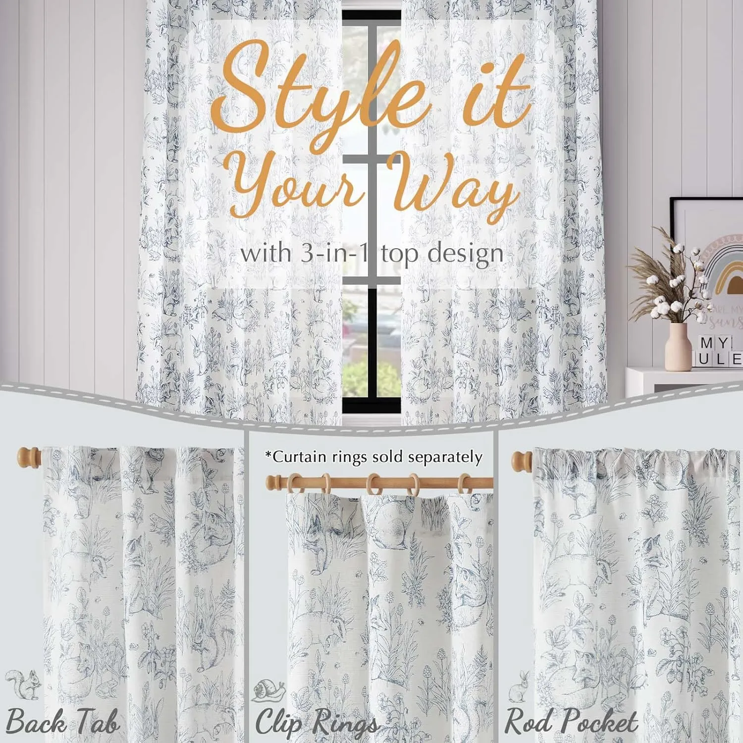 Vangao Blue Nursery Curtains for Kid's Room Linen Blend Curtains 84 Inch Long Farmhouse Drapes with Bunny Woodland Wildlife Print Light Filtering French Country Forest Design 2 Panels
