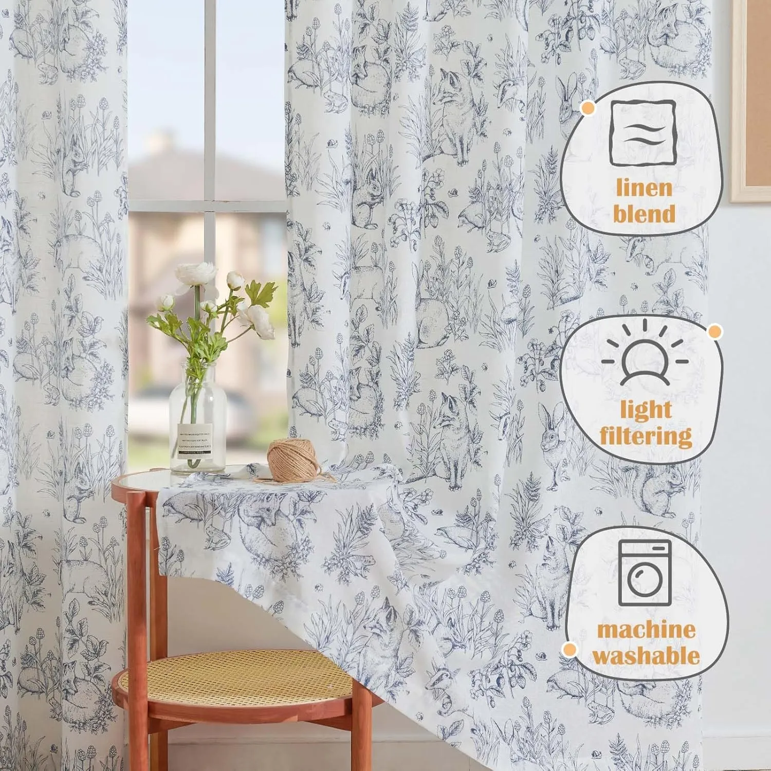 Vangao Blue Nursery Curtains for Kid's Room Linen Blend Curtains 84 Inch Long Farmhouse Drapes with Bunny Woodland Wildlife Print Light Filtering French Country Forest Design 2 Panels