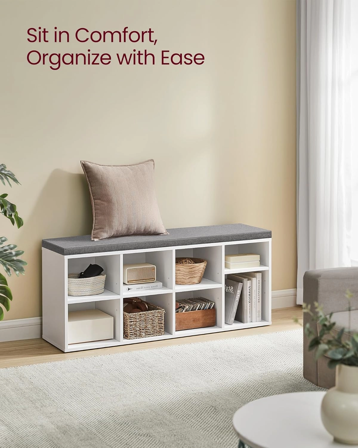 VASAGLE Shoe Bench with Cushion, Shoe Storage Bench with 8 Compartments and 4 Adjustable Shelves, Entryway Bench with Padded Seat, for Bedroom, Closet, Living Room, White ULHS238W14