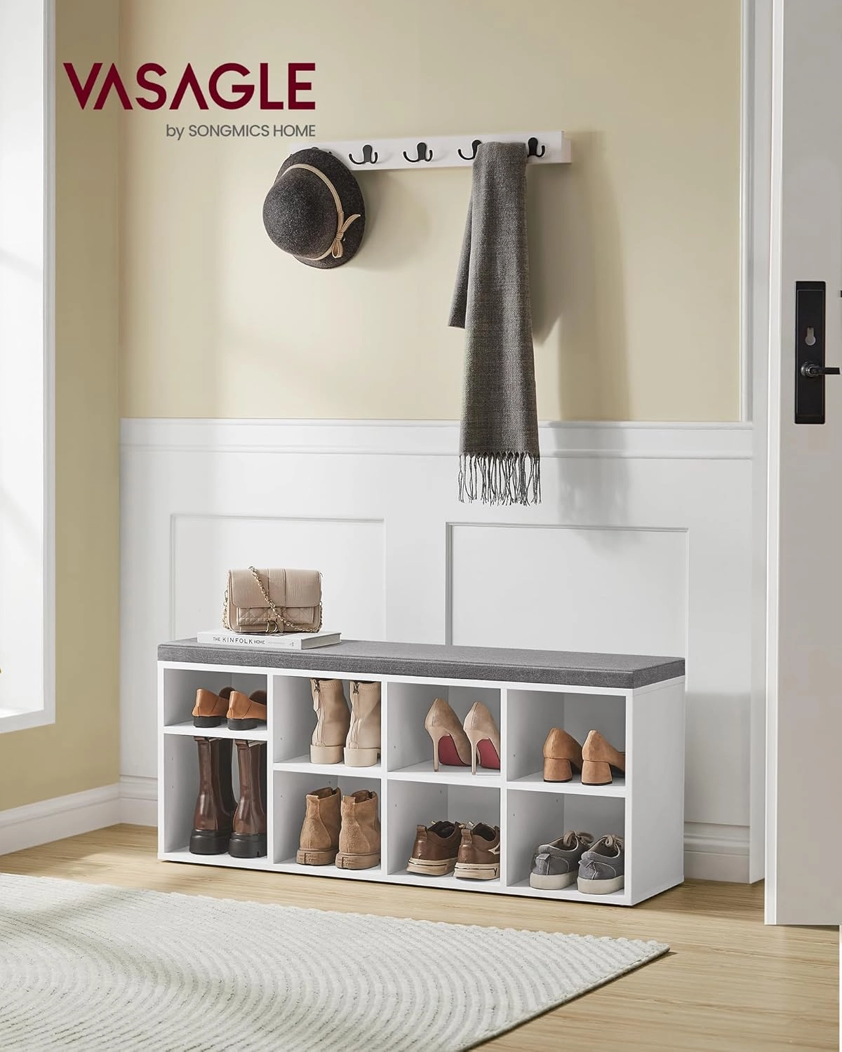 VASAGLE Shoe Bench with Cushion, Shoe Storage Bench with 8 Compartments and 4 Adjustable Shelves, Entryway Bench with Padded Seat, for Bedroom, Closet, Living Room, White ULHS238W14
