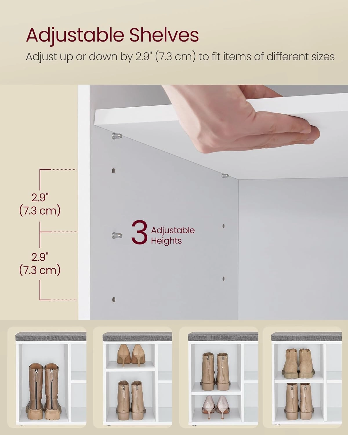 VASAGLE Shoe Bench with Cushion, Shoe Storage Bench with 8 Compartments and 4 Adjustable Shelves, Entryway Bench with Padded Seat, for Bedroom, Closet, Living Room, White ULHS238W14