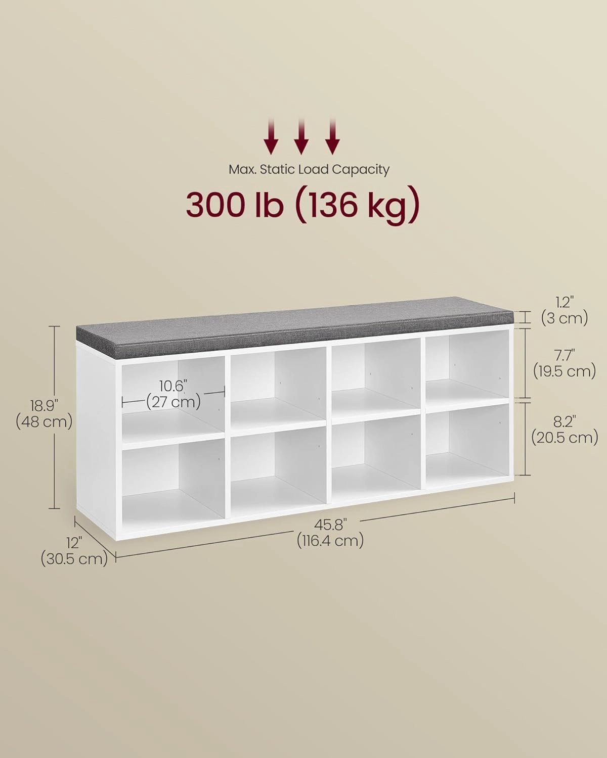 VASAGLE Shoe Bench with Cushion, Shoe Storage Bench with 8 Compartments and 4 Adjustable Shelves, Entryway Bench with Padded Seat, for Bedroom, Closet, Living Room, White ULHS238W14