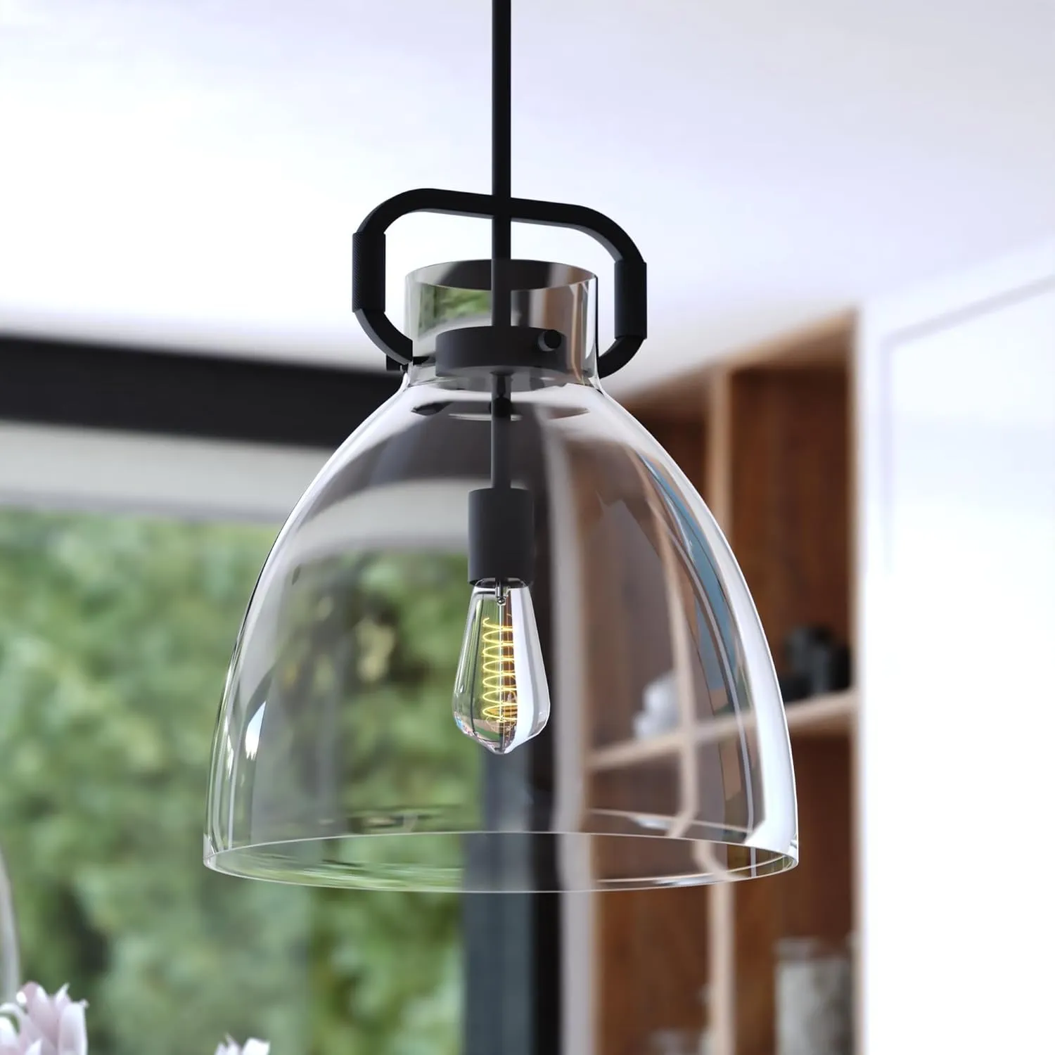 VAXCEL Madrona 1 Light Contemporary Pendant, Industrial Style Mounted Ceiling Lighting, Black Finish, Clear Glass