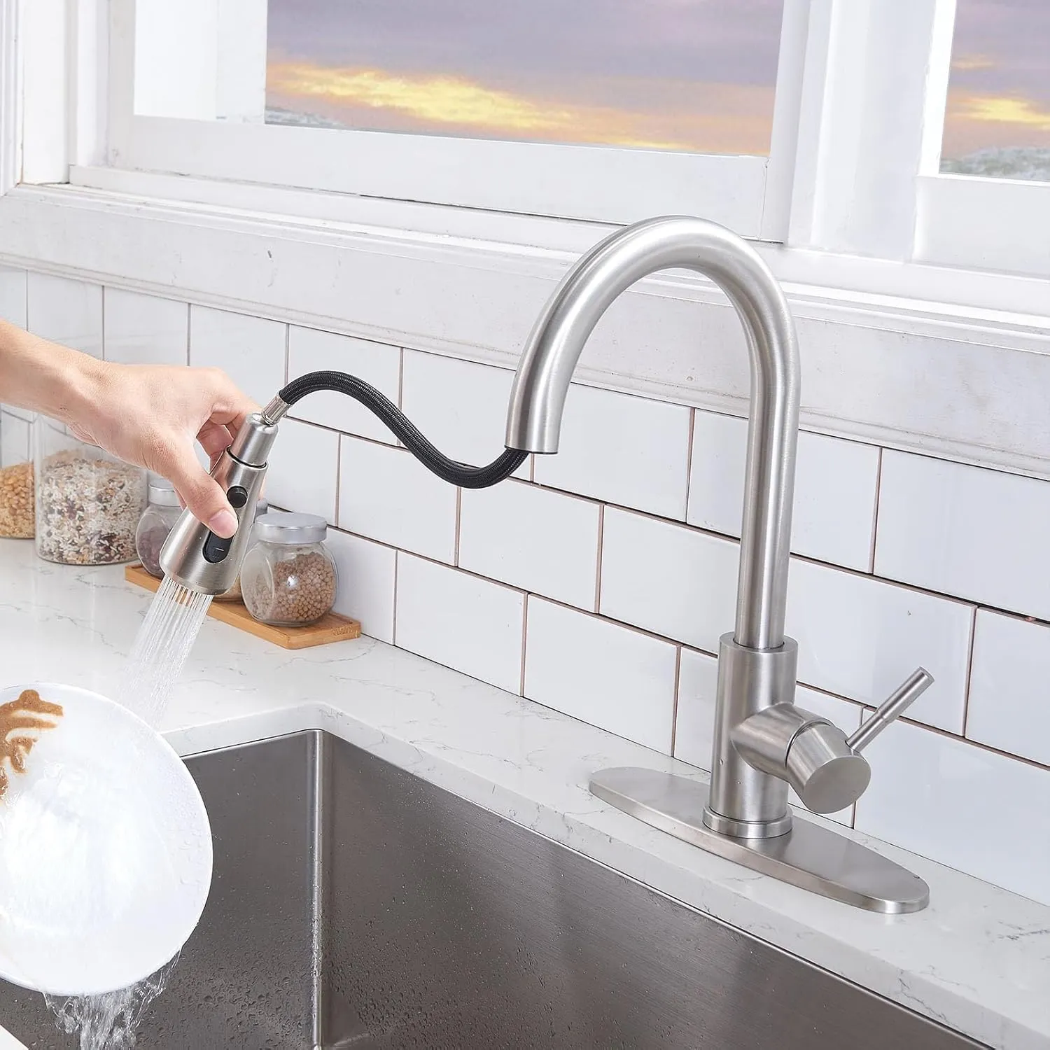 VCCUCINE Kitchen Faucet with Pull Down Sprayer, Brushed Nickel Faucet for Kitchen Sink, Small High Arc RV Stainless Steel Single Handle Pull Out Kitchen Sink Faucet
