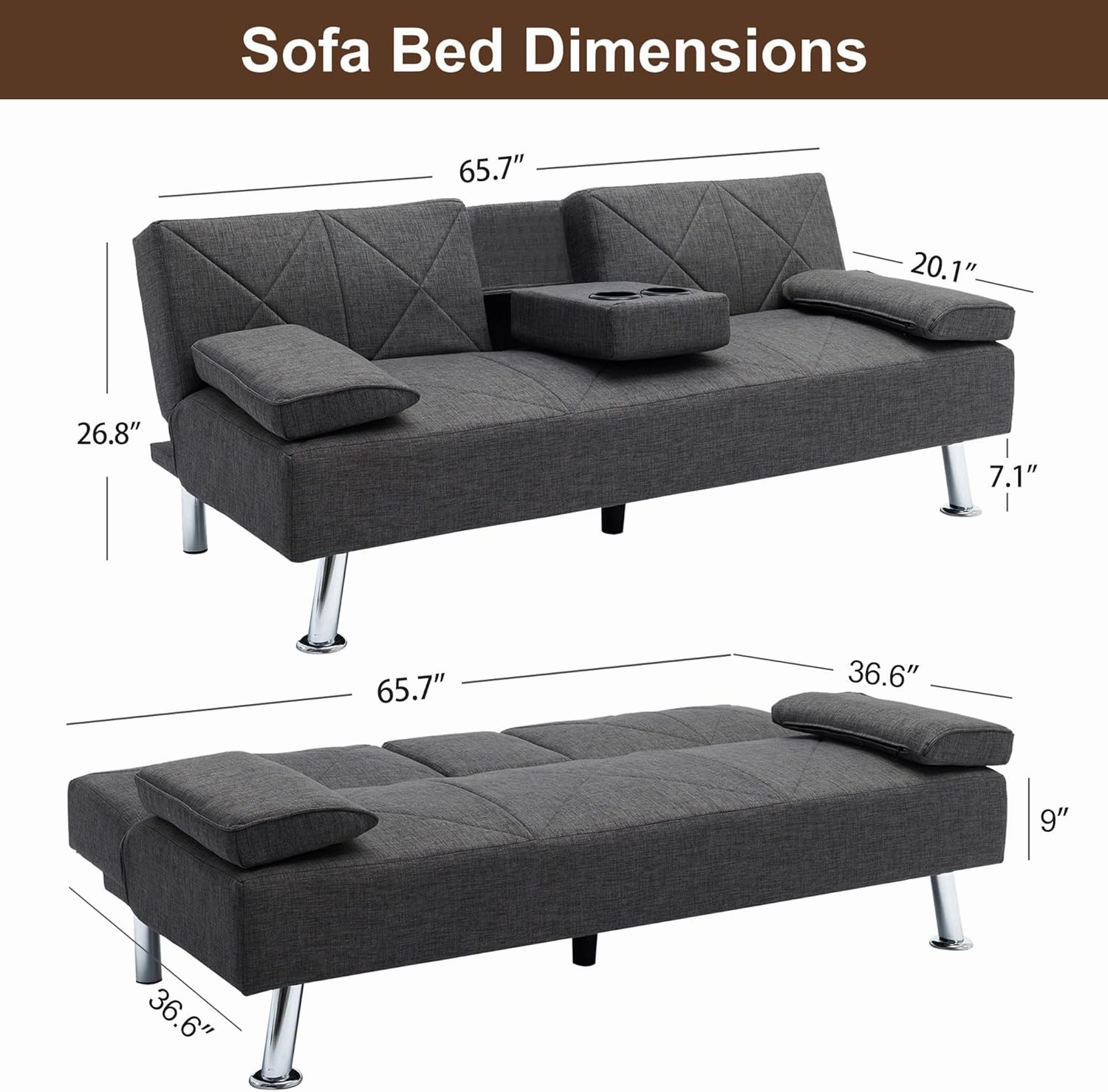 VECELO Modern Convertible Folding Futon Sofa Bed with Removable Armrests Breathable Linen Recliner Couch for Living Room/Apartment Lounge, 2 Cup Holders