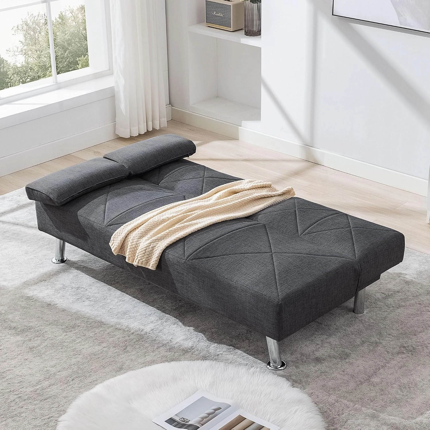 VECELO Modern Convertible Folding Futon Sofa Bed with Removable Armrests Breathable Linen Recliner Couch for Living Room/Apartment Lounge, 2 Cup Holders