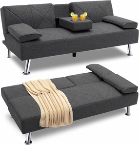 VECELO Modern Convertible Folding Futon Sofa Bed with Removable Armrests Breathable Linen Recliner Couch for Living Room/Apartment Lounge, 2 Cup Holders