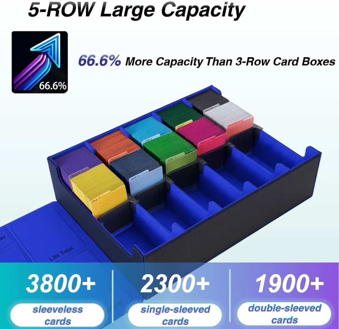 Venssu 5 Row Trading Card Storage Box With Dual-Function Playmat Lids, 3800  Mtg Deck Box With 24 Colorful Divider Tabs, Compatible with Magic Cards (Black and Blue)