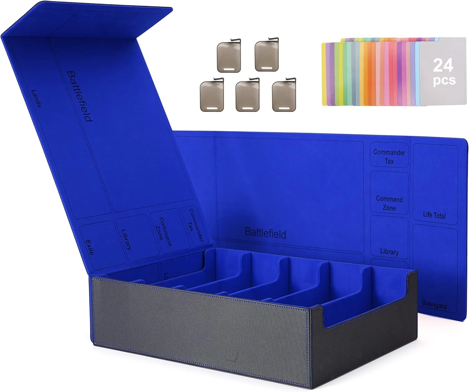 Venssu 5 Row Trading Card Storage Box With Dual-Function Playmat Lids, 3800  Mtg Deck Box With 24 Colorful Divider Tabs, Compatible with Magic Cards (Black and Blue)