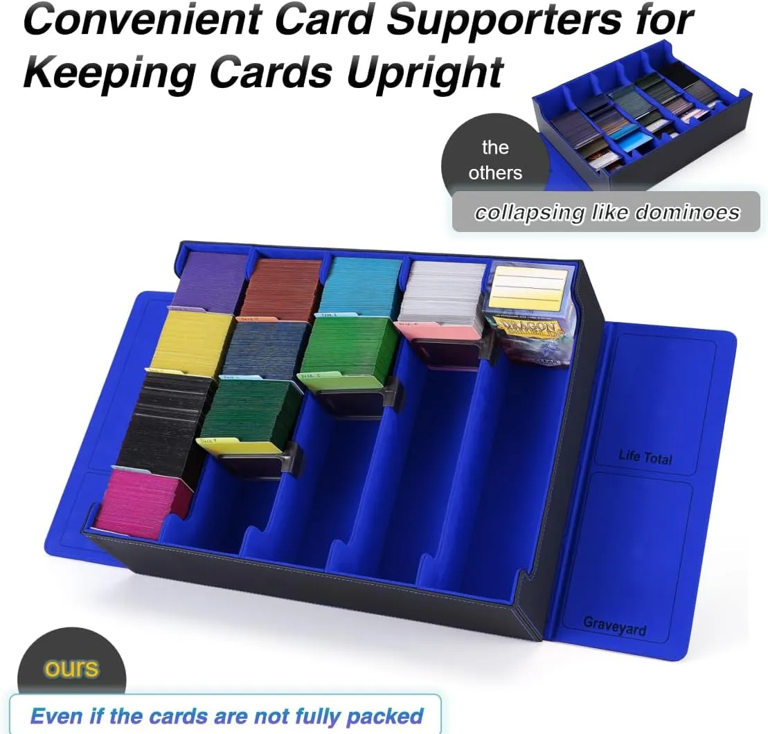 Venssu 5 Row Trading Card Storage Box With Dual-Function Playmat Lids, 3800  Mtg Deck Box With 24 Colorful Divider Tabs, Compatible with Magic Cards (Black and Blue)