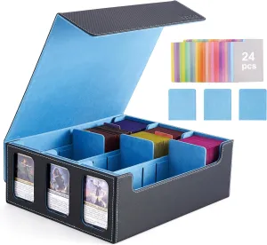 Venssu Modern Card Storage Box for Trading Cards, Black and Wathet, 11.8 x 9.8 x 4.3 inches, Fits 2300  Cards, with 24 Divider Tabs and Card Supports