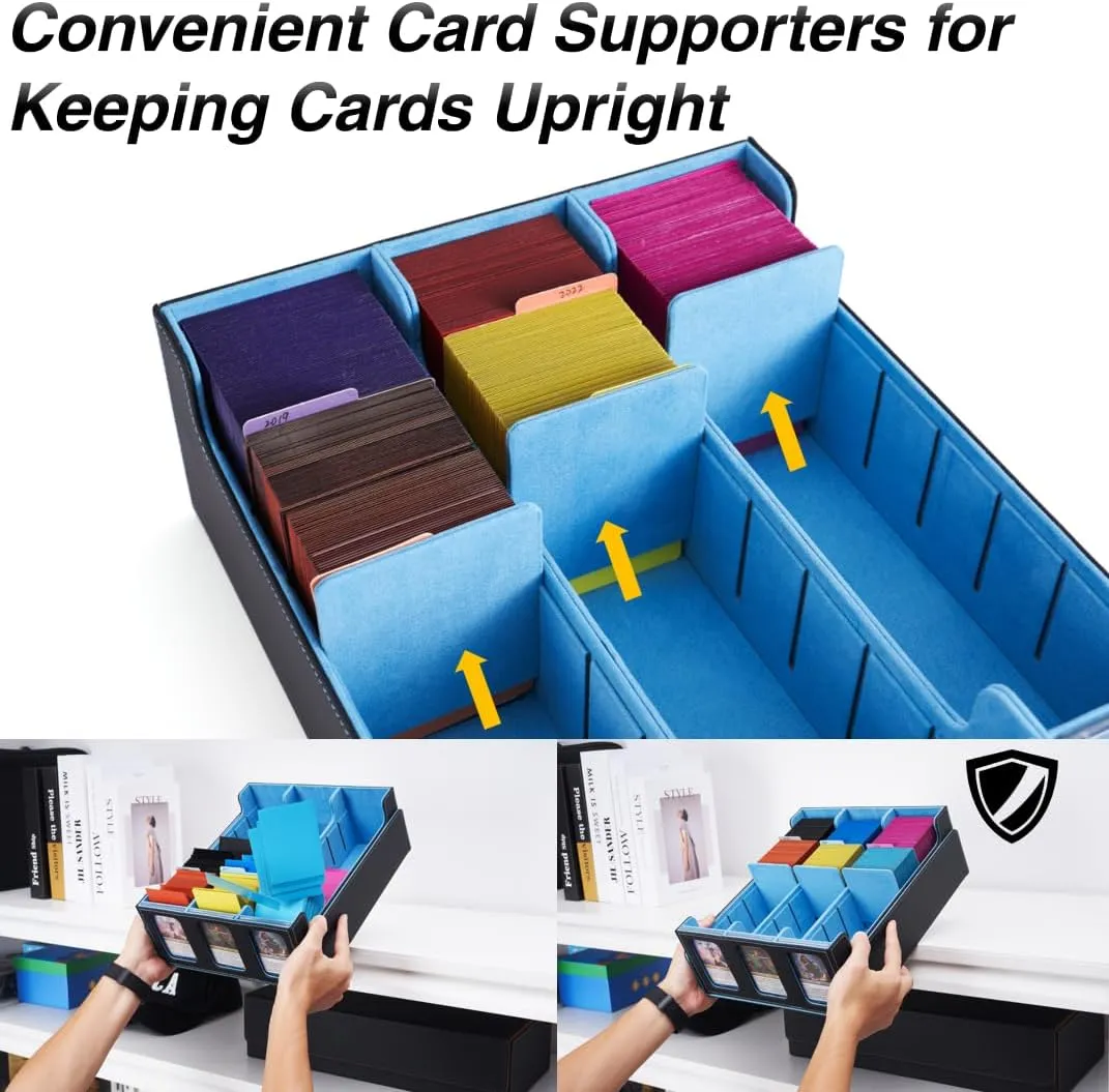 Venssu Modern Card Storage Box for Trading Cards, Black and Wathet, 11.8 x 9.8 x 4.3 inches, Fits 2300  Cards, with 24 Divider Tabs and Card Supports