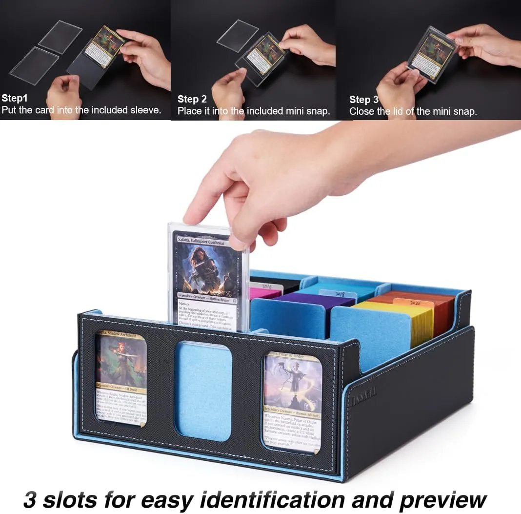 Venssu Modern Card Storage Box for Trading Cards, Black and Wathet, 11.8 x 9.8 x 4.3 inches, Fits 2300  Cards, with 24 Divider Tabs and Card Supports