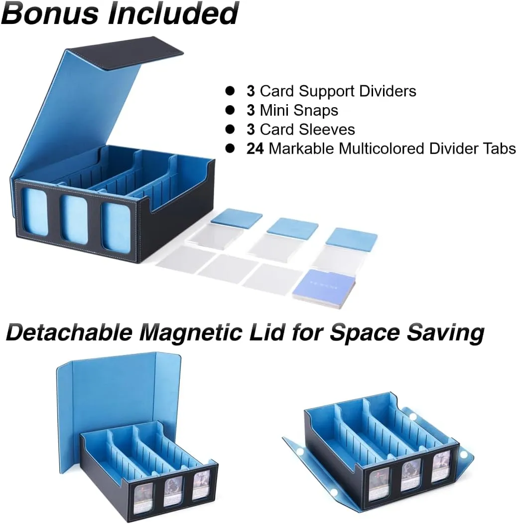 Venssu Modern Card Storage Box for Trading Cards, Black and Wathet, 11.8 x 9.8 x 4.3 inches, Fits 2300  Cards, with 24 Divider Tabs and Card Supports