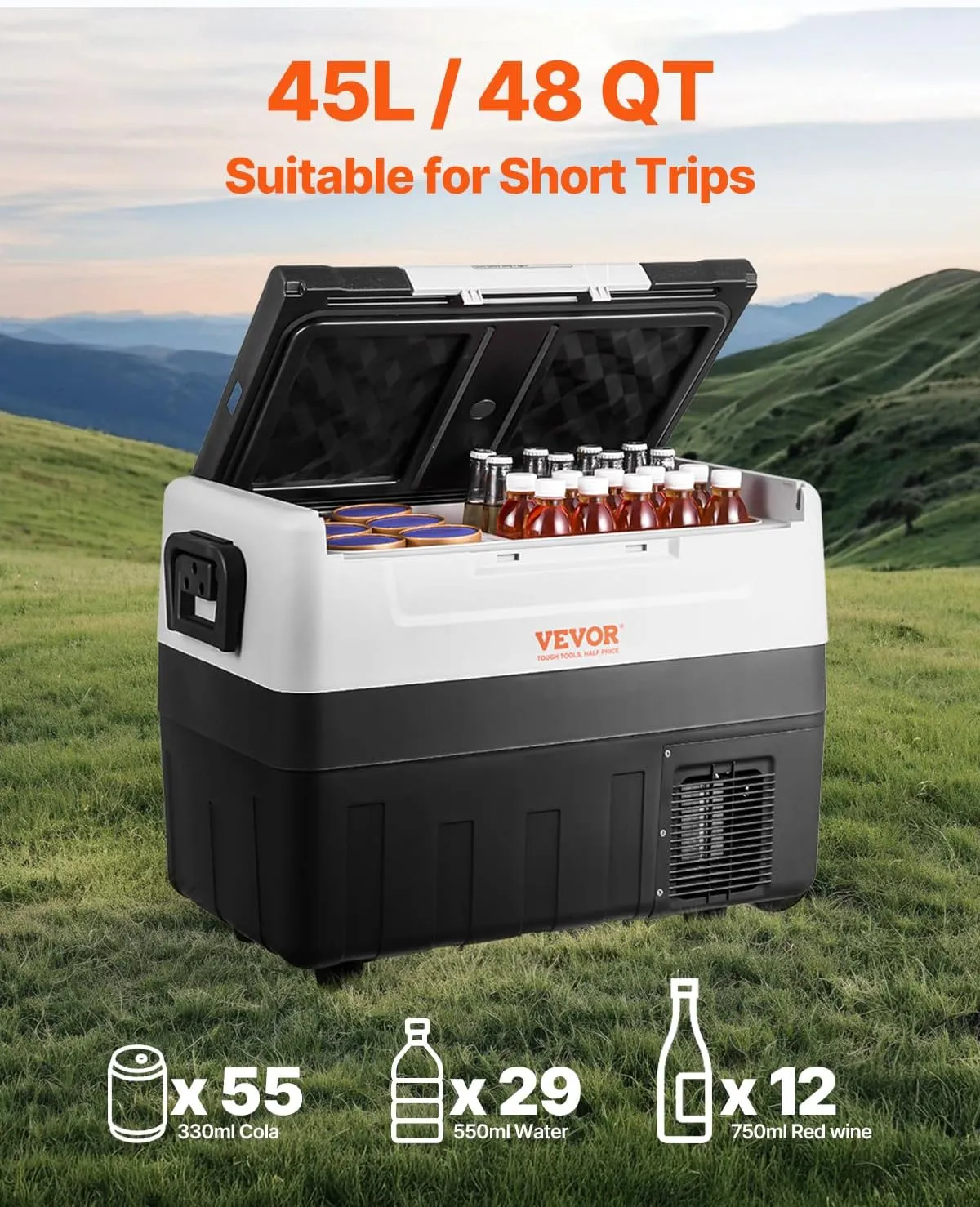 VEVOR Car Refrigerator, 12 Volt Car Refrigerator Fridge, 48 QT/45 L Dual Zone Portable Freezer, -4℉-50℉ Adjustable Range, 12/24V DC and 100-240V AC Compressor Cooler for Outdoor, Camping, Travel, RV