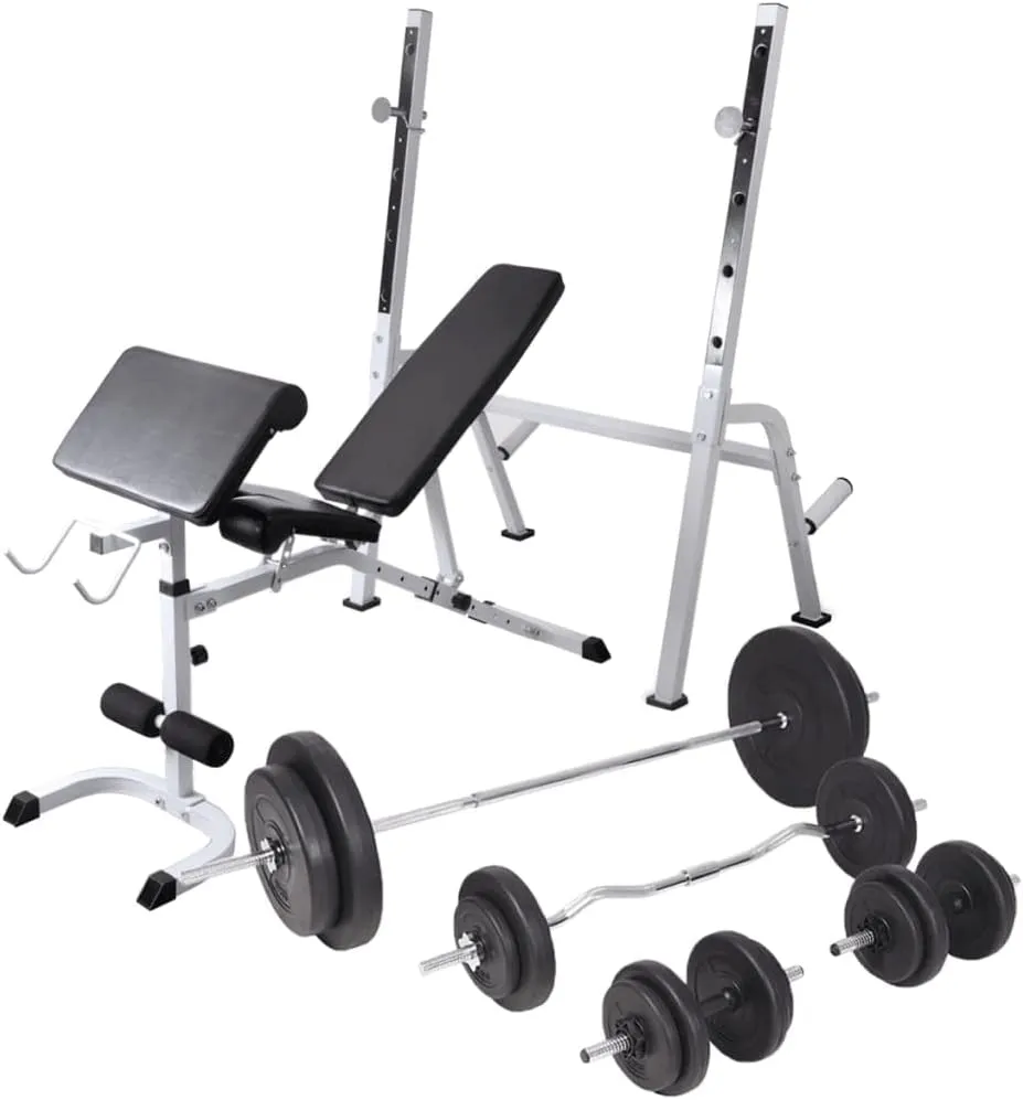 vidaXL Adjustable Steel Workout Bench with Weight Rack and 198.4lb Barbell and Dumbbell Set - Full Body Exercise at Home - Multi-Use Fitness Equipment